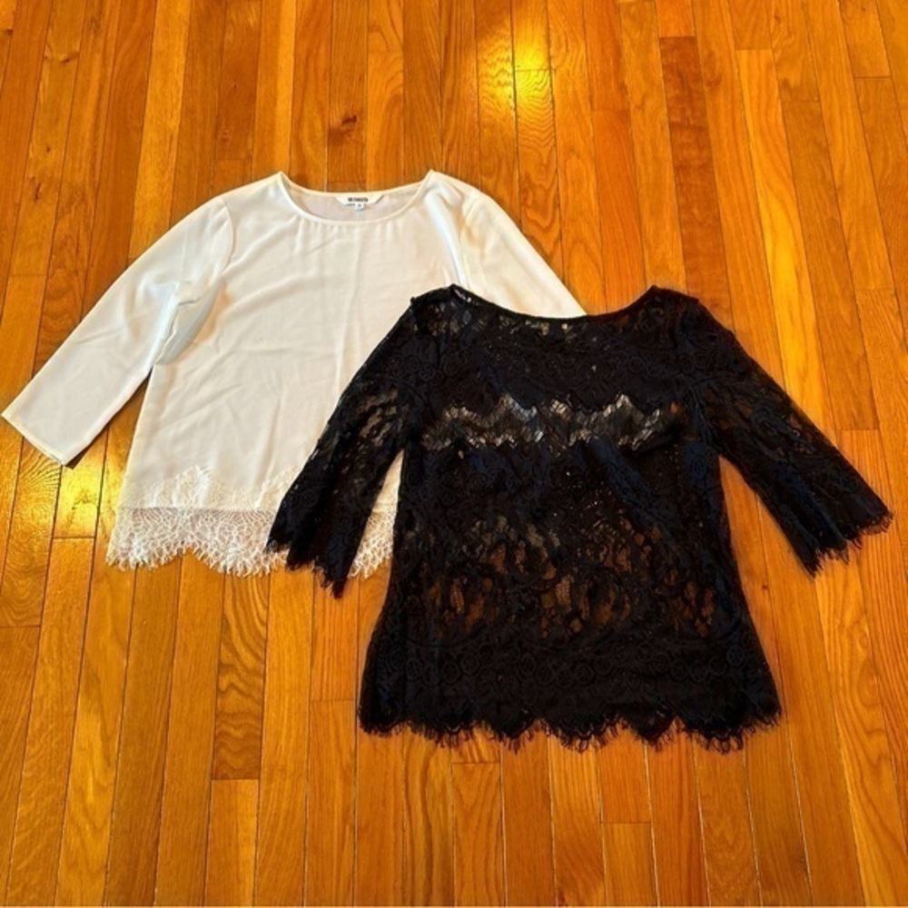 BB DAKOTA White & Black CUT-Out Lace Yoke Scalloped Hem Blouse Medium